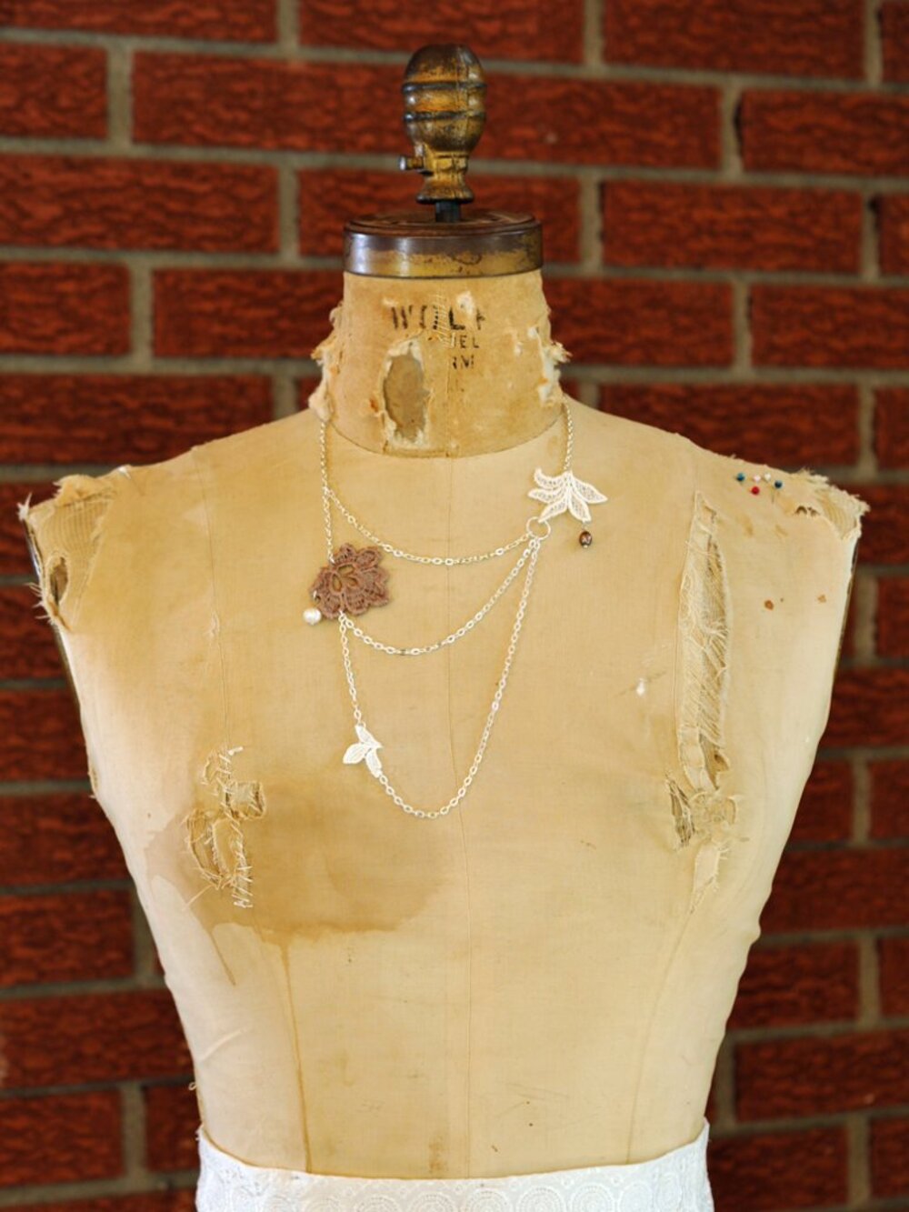 Handmade Floral Lace Pearl Necklace | Venetian Lace + Silver Chain | Asymmetric